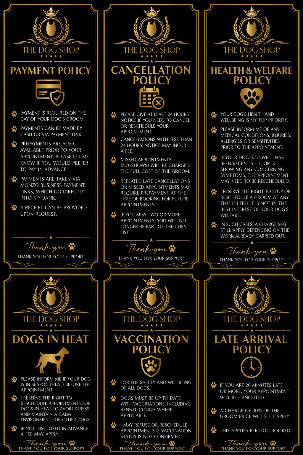 Six gold and black policy cards from The Dog Shop displaying payment, cancellation, health, heat, vaccination, and late arrival policies
